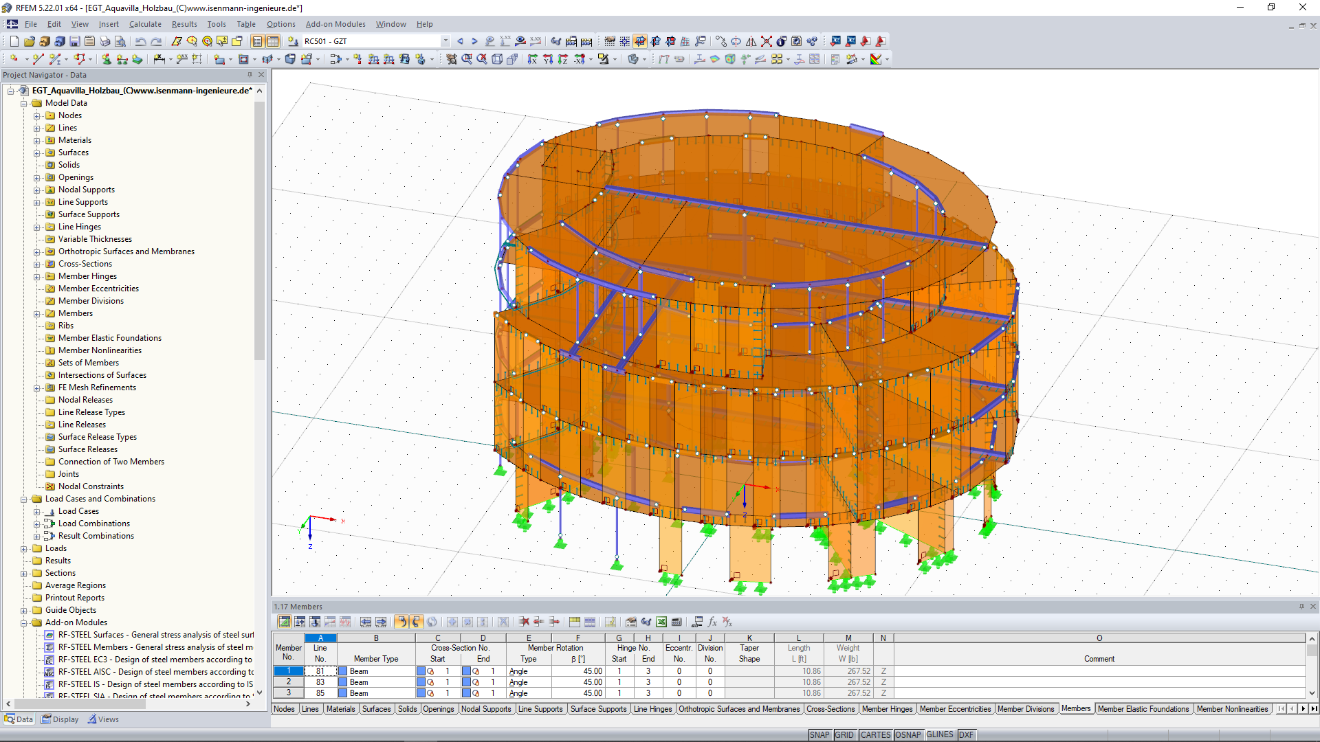 Modelo em 3D da estrutura de madeira de quatro andares no RFEM (© Isenmann Ingenieur GmbH)